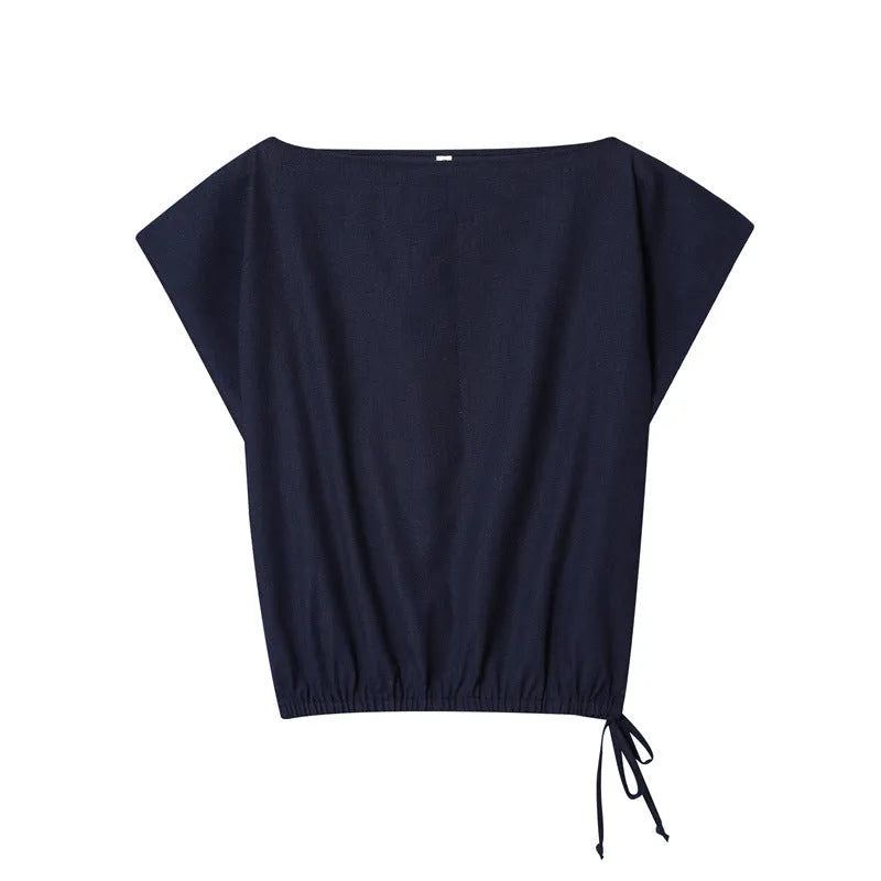 Women's off-neck linen-style shirt and wide-leg trousers set in a coordinated colour.