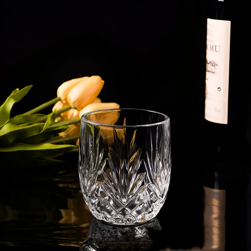 Thick-bottomed crystal whiskey shot glass in a selected colour, showing 350ml capacity.