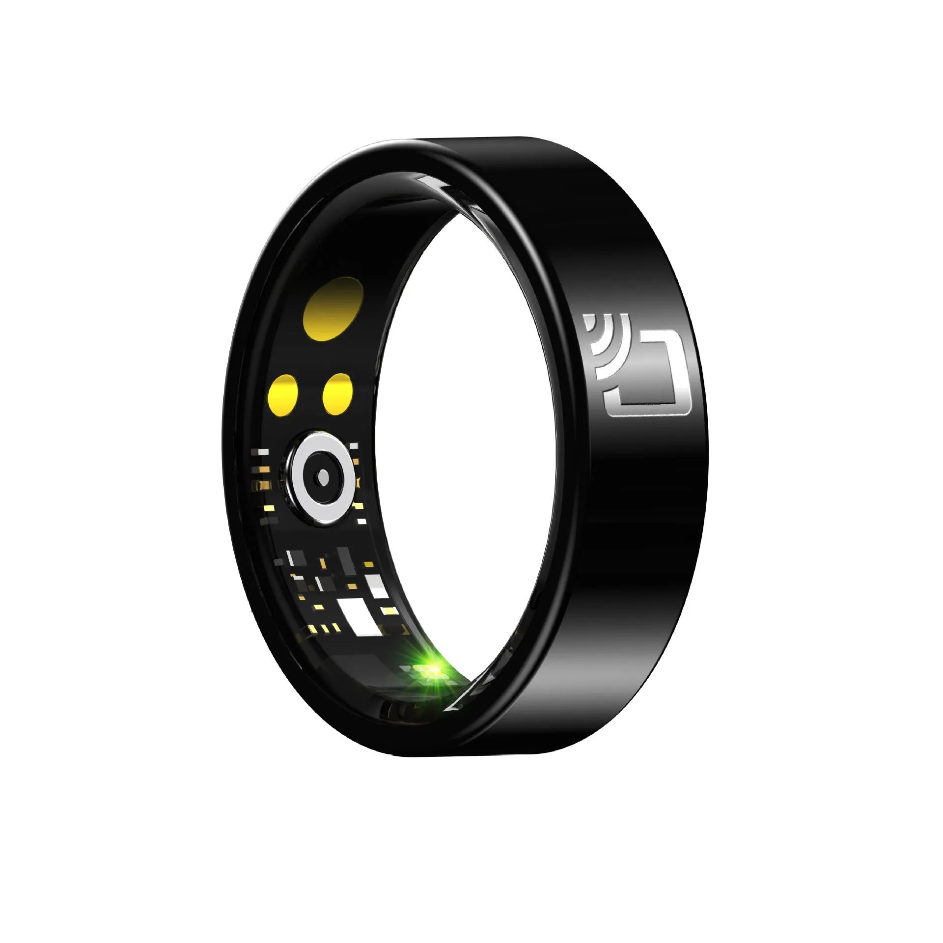 Black ceramic smart ring for health monitoring on a finger, shown with a magnetic charging cable.