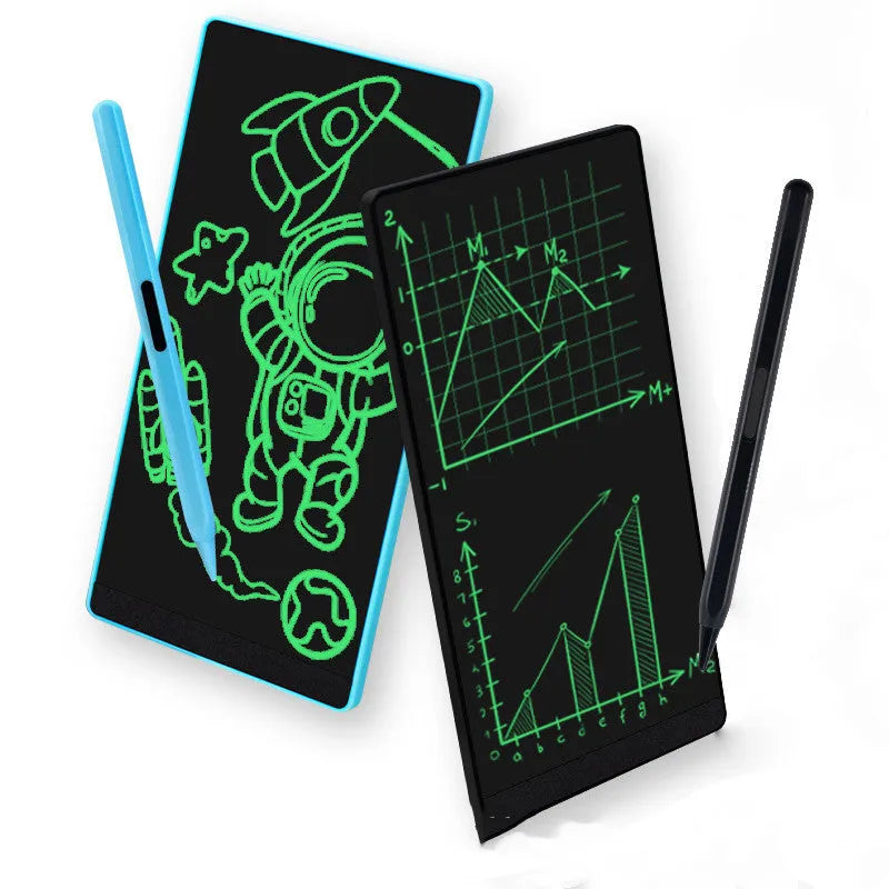 Blue LCD writing tablet with stylus on a 6.5-inch screen showing handwritten notes.