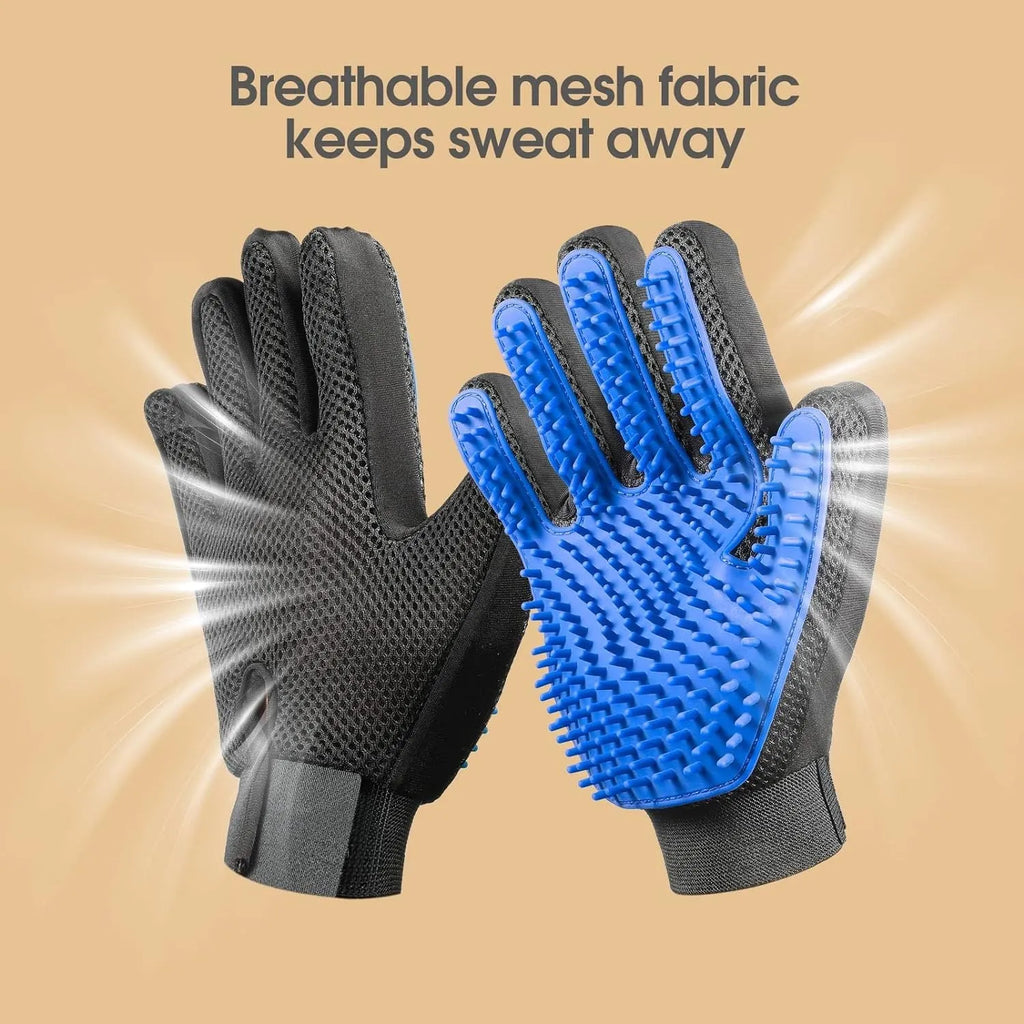 Blue pet grooming glove with silicone tips for removing hair from dogs and cats.