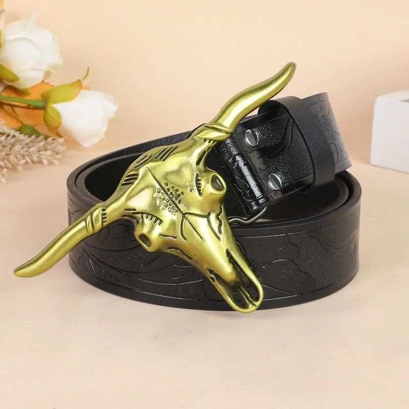 Men's brown imitation leather belt with a detailed silver alloy cow head buckle and pin buckle fastening.