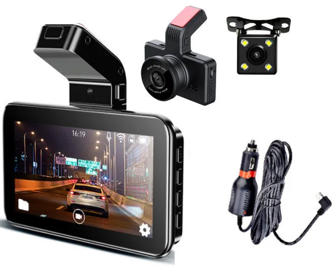 3-inch dual lens car dash cam showing front and rear recording capability with button controls