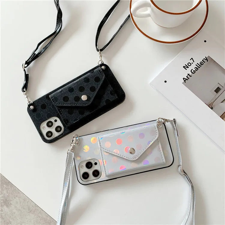 Black luxury silicone iPhone case with diagonal card slot and wave point pattern design