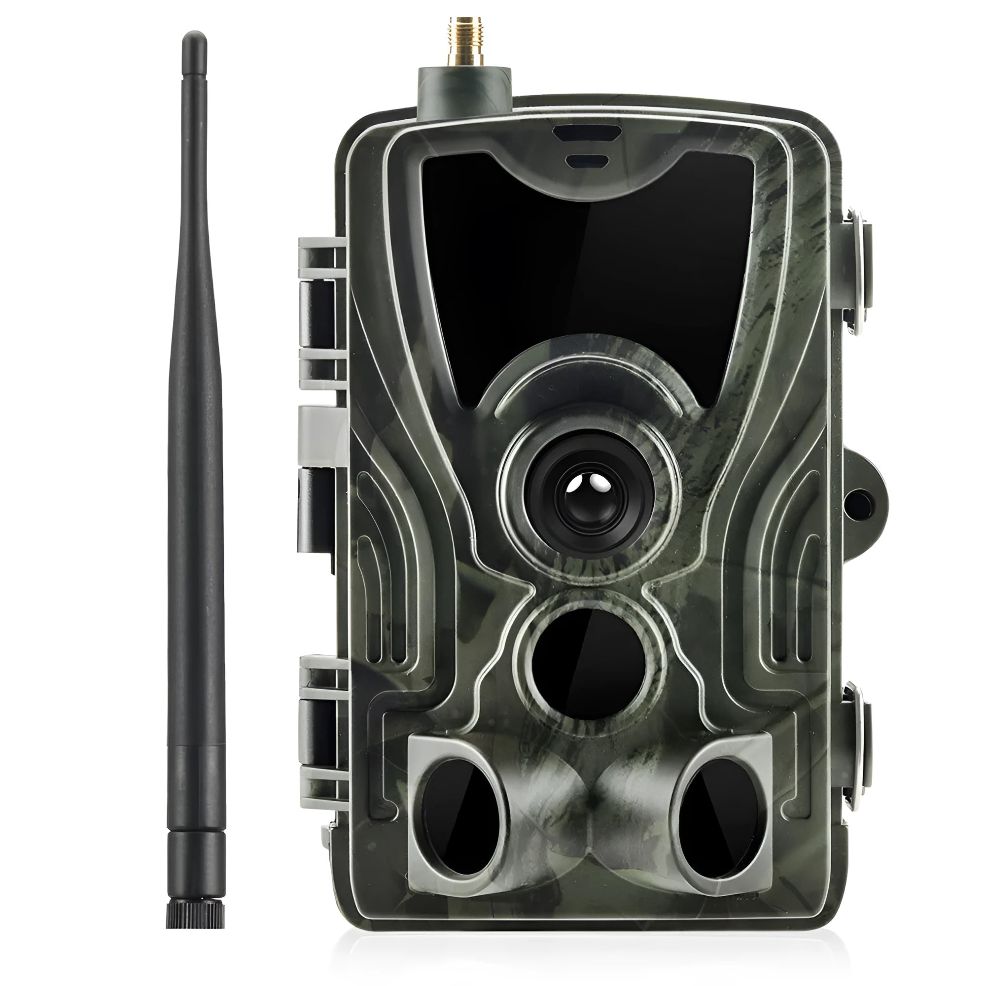 Outdoor surveillance camera with camouflage finish showing 1080p resolution and wide-angle lens specifications