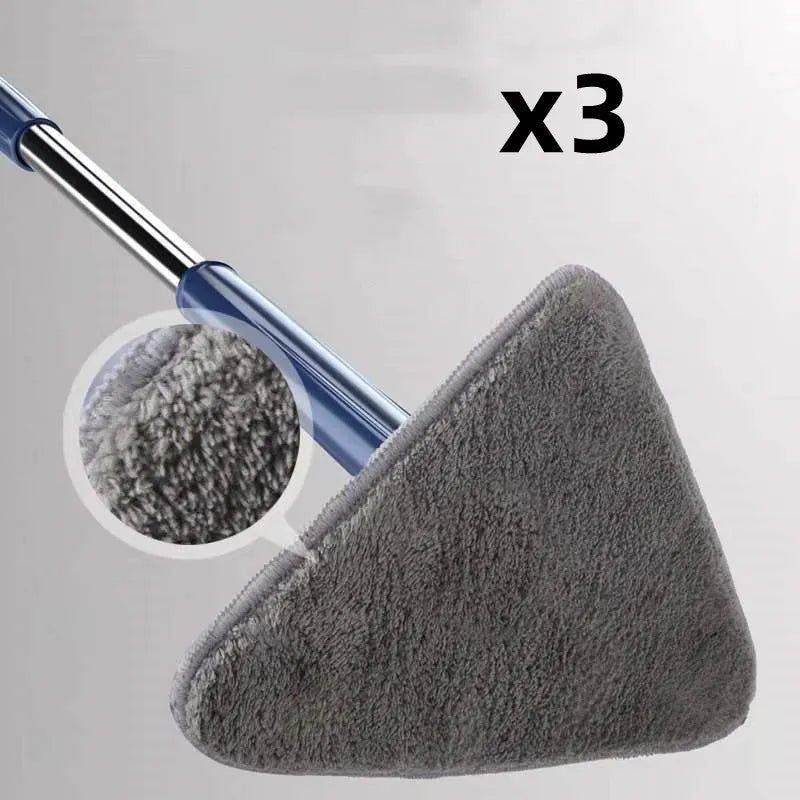 Blue and white extendable triangle cleaning mop with a rotating head on a long stainless steel pole.