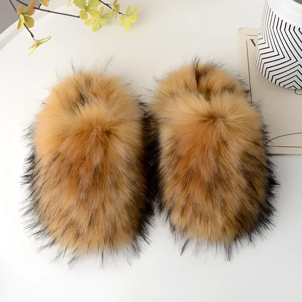 Woolen slippers with plush upper, artificial wool lining, toe-covering shape, and non-slip sewn composite sole for winter home wear