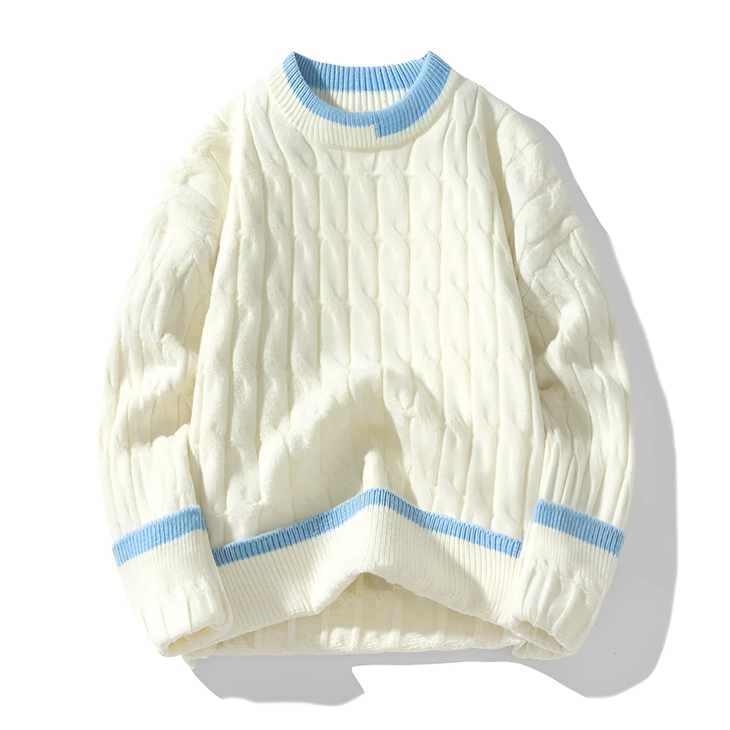 Men's two-piece acrylic winter sweater set in loose fit with long sleeves showing colour options