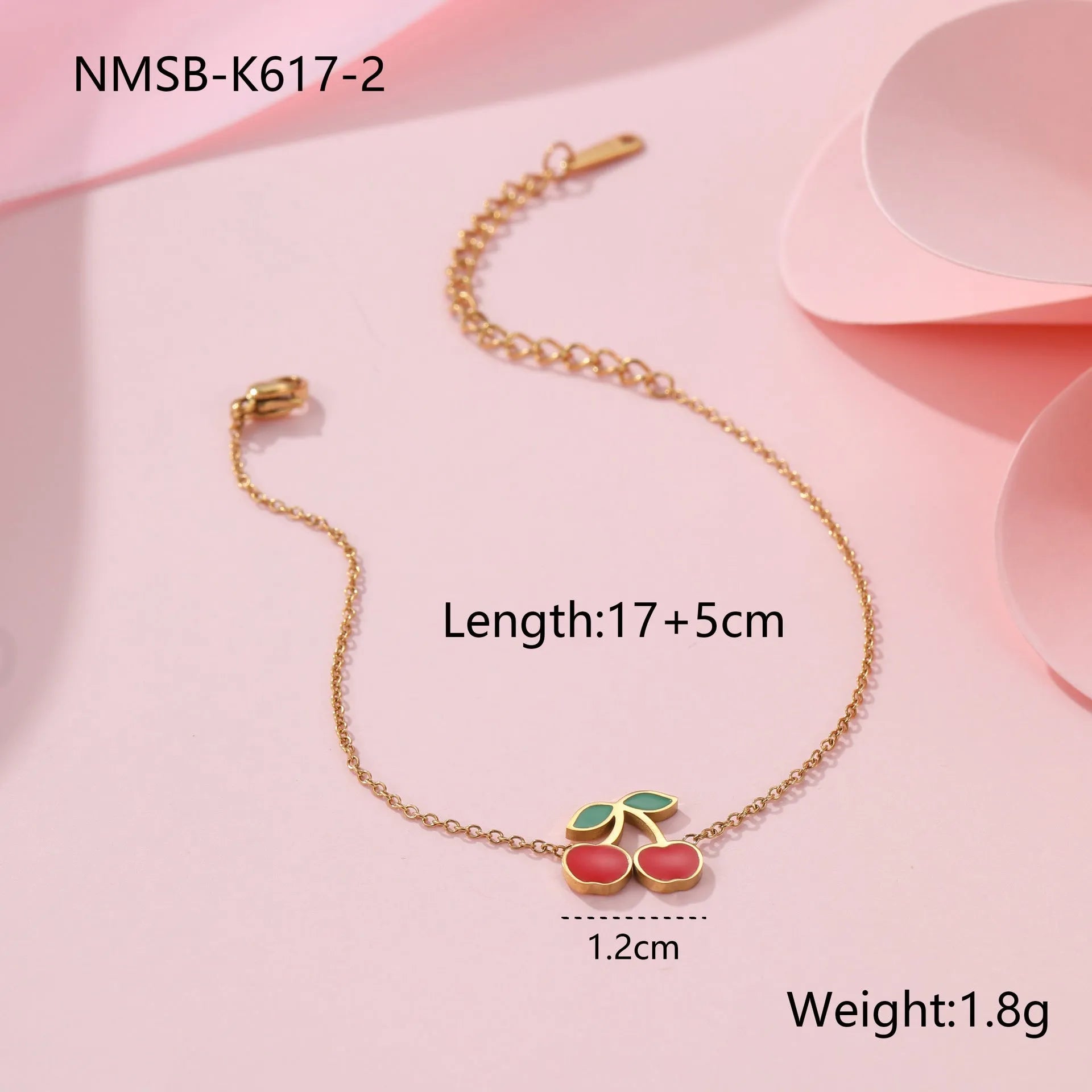 Complete cherry jewelry set with stainless steel necklace, bracelet, earrings, and ring with 18K gold electroplating.