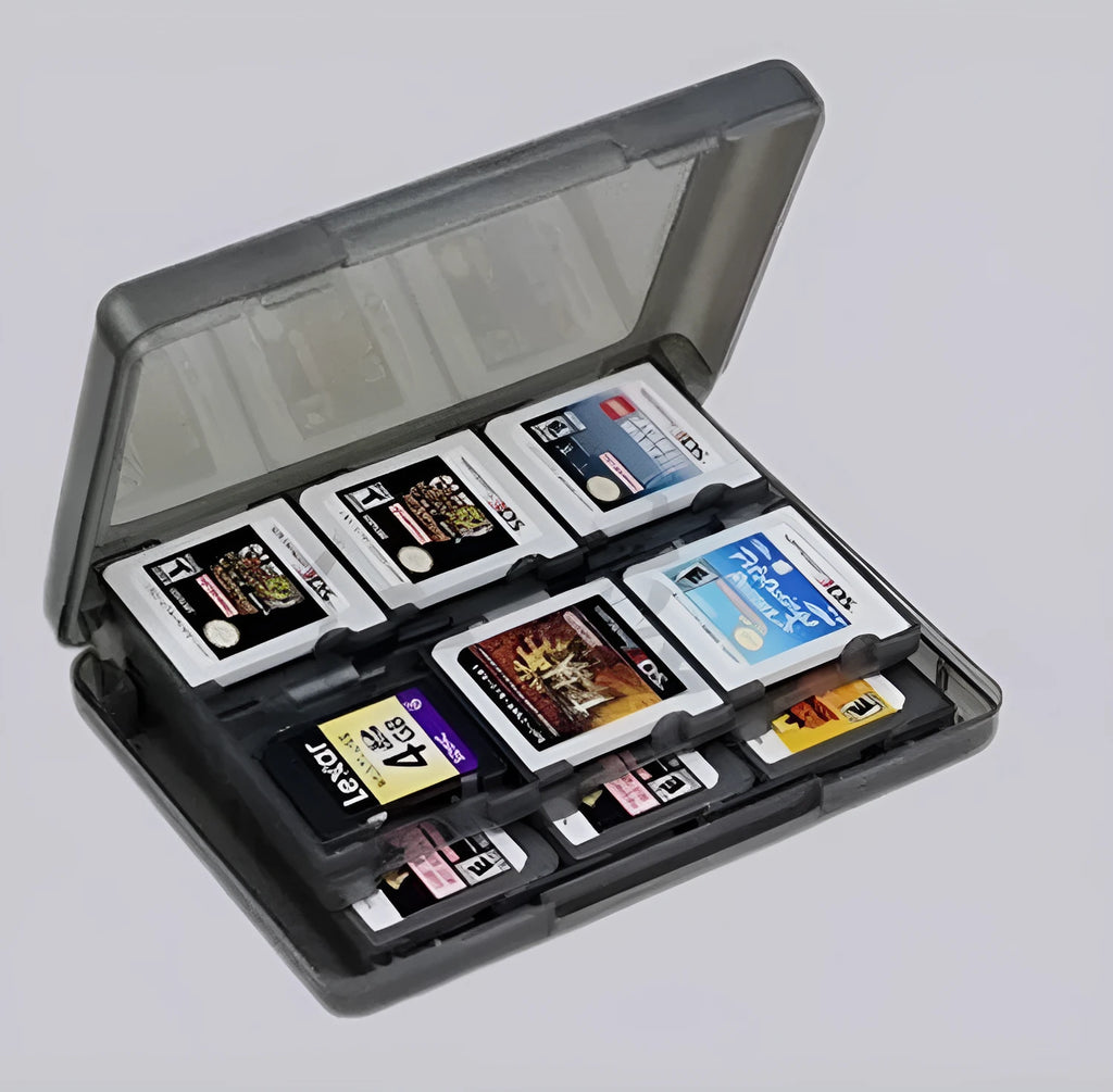 Black NDS 3DS 28-game card storage box made of PP plastic, showing its size and card slots.