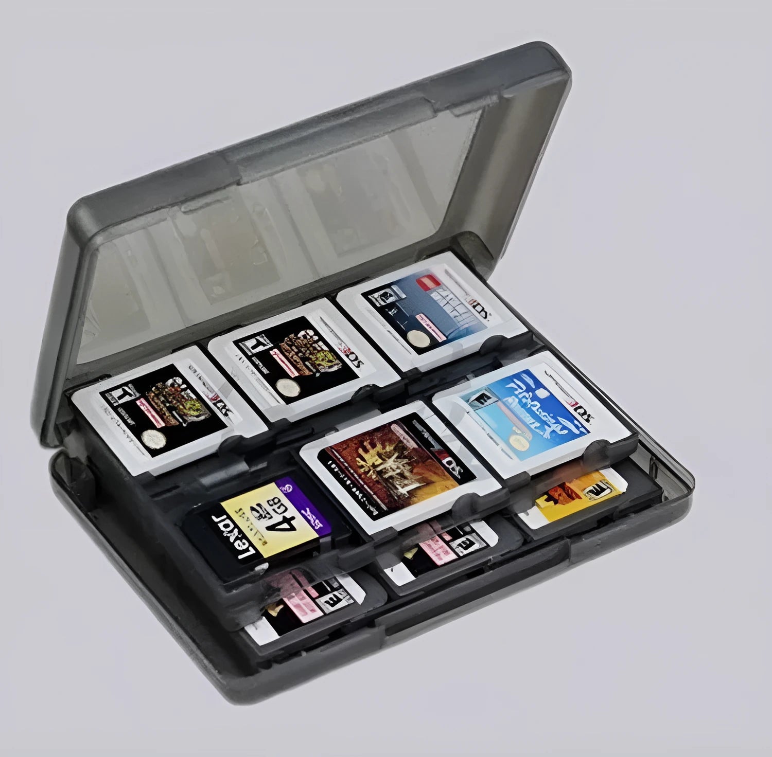 Black NDS 3DS 28-game card storage box made of PP plastic, showing its size and card slots.