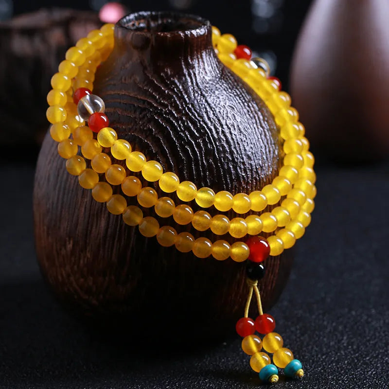 108-bead agate and crystal canary stone necklace bracelet jewellery set with geometric beads and lucky cat charm