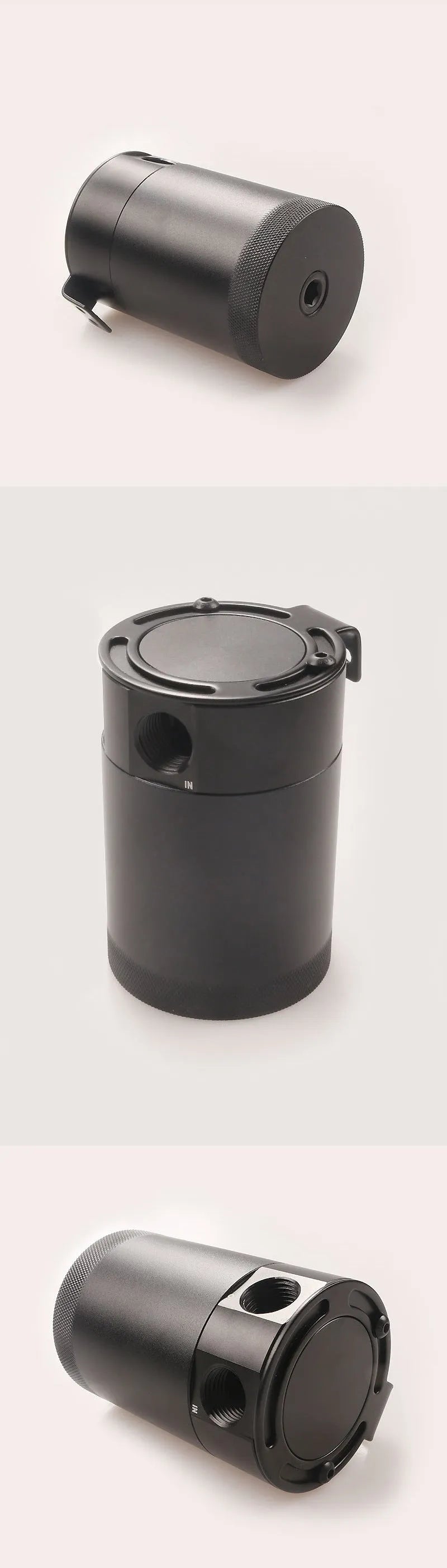 Black aluminium two-hole automotive oil pot with connectors and mounting hardware
