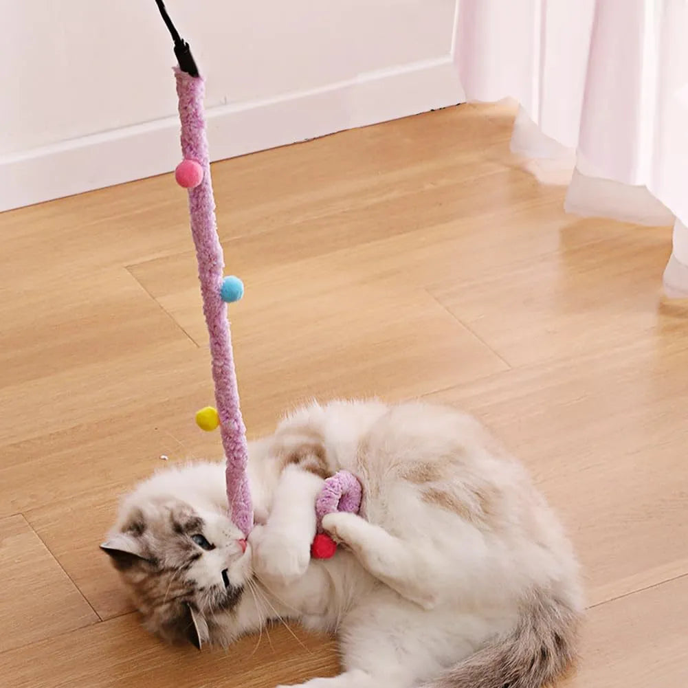 Interactive cat toy wand with colourful plush strip and bell attachment for indoor cat play