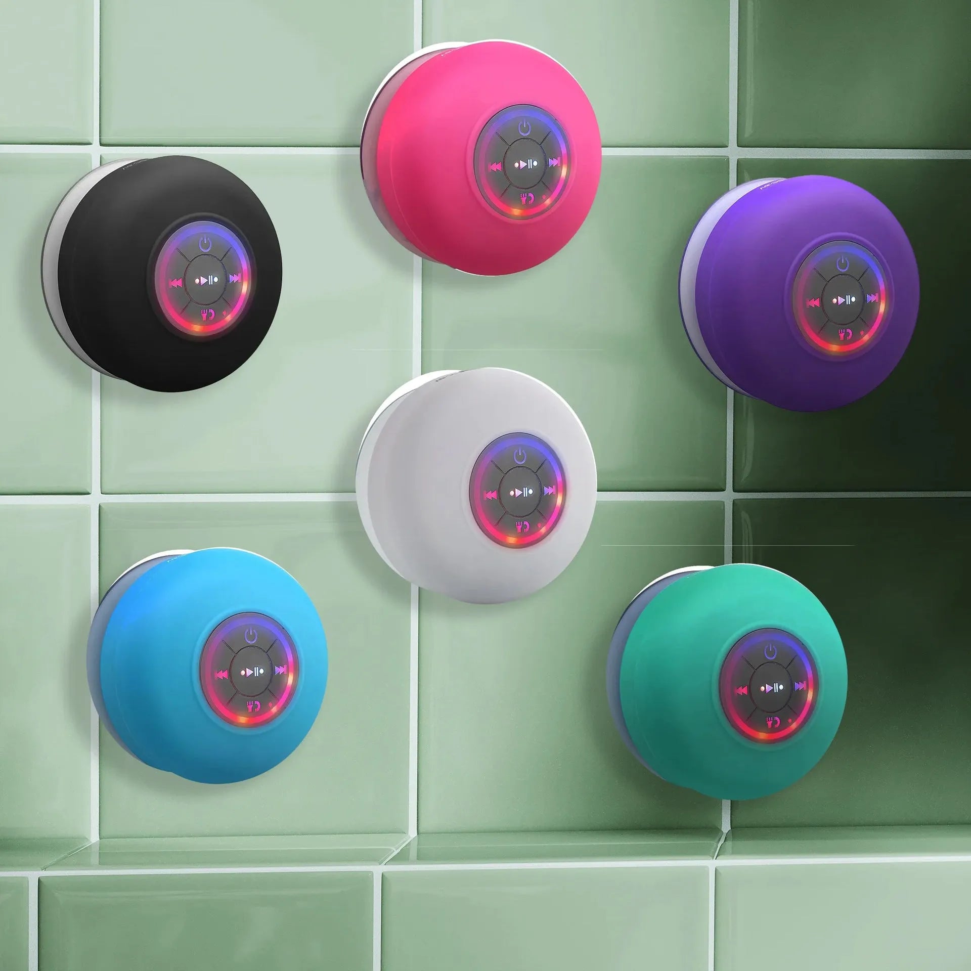 Large suction cup waterproof Bluetooth audio system with LED light in six colour choices