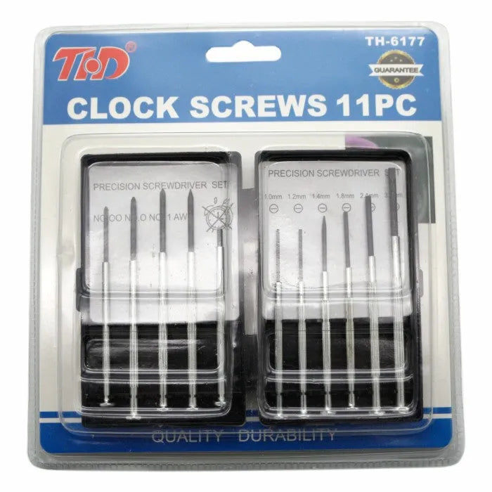 TH-6177 11 piece clock screwdriver set with cross and slotted heads on a non-slip handle.