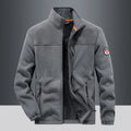 Men's grey thickened spandex fleece cardigan jacket with zipper pockets shown on a hanger
