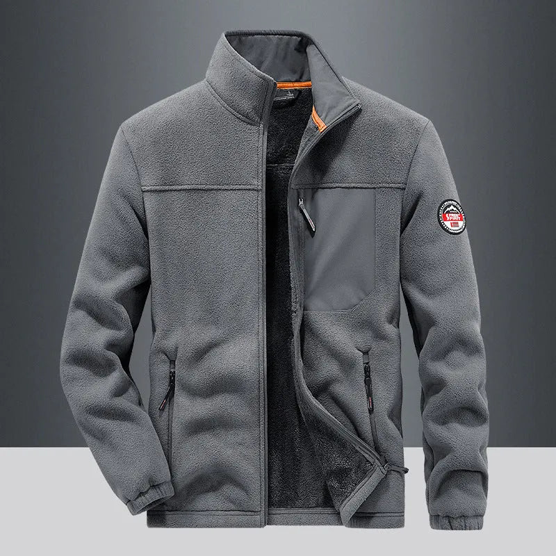 Men's grey thickened spandex fleece cardigan jacket with zipper pockets shown on a hanger