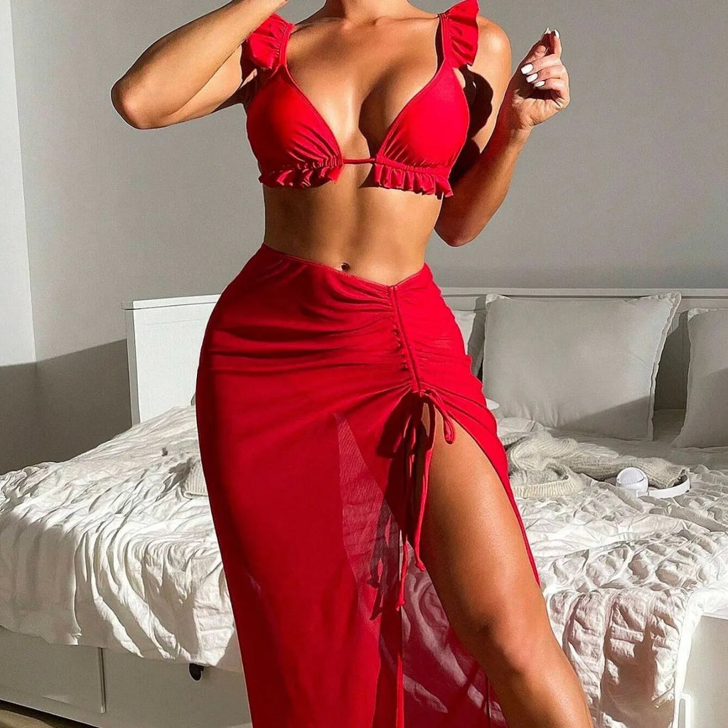 Women's printed split swimsuit three-piece set with bikini top, split bottoms, and coordinating swim skirt