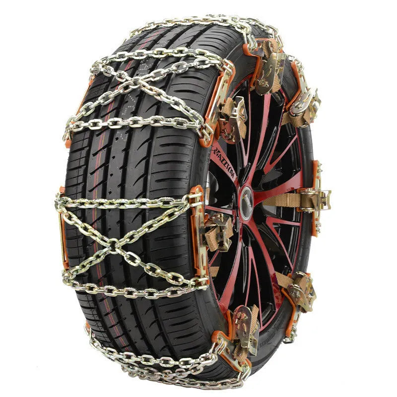 Car snow chain made of steel with Oxford pad and nylon tightening strap for winter tyre traction, approximately 40.5x15cm