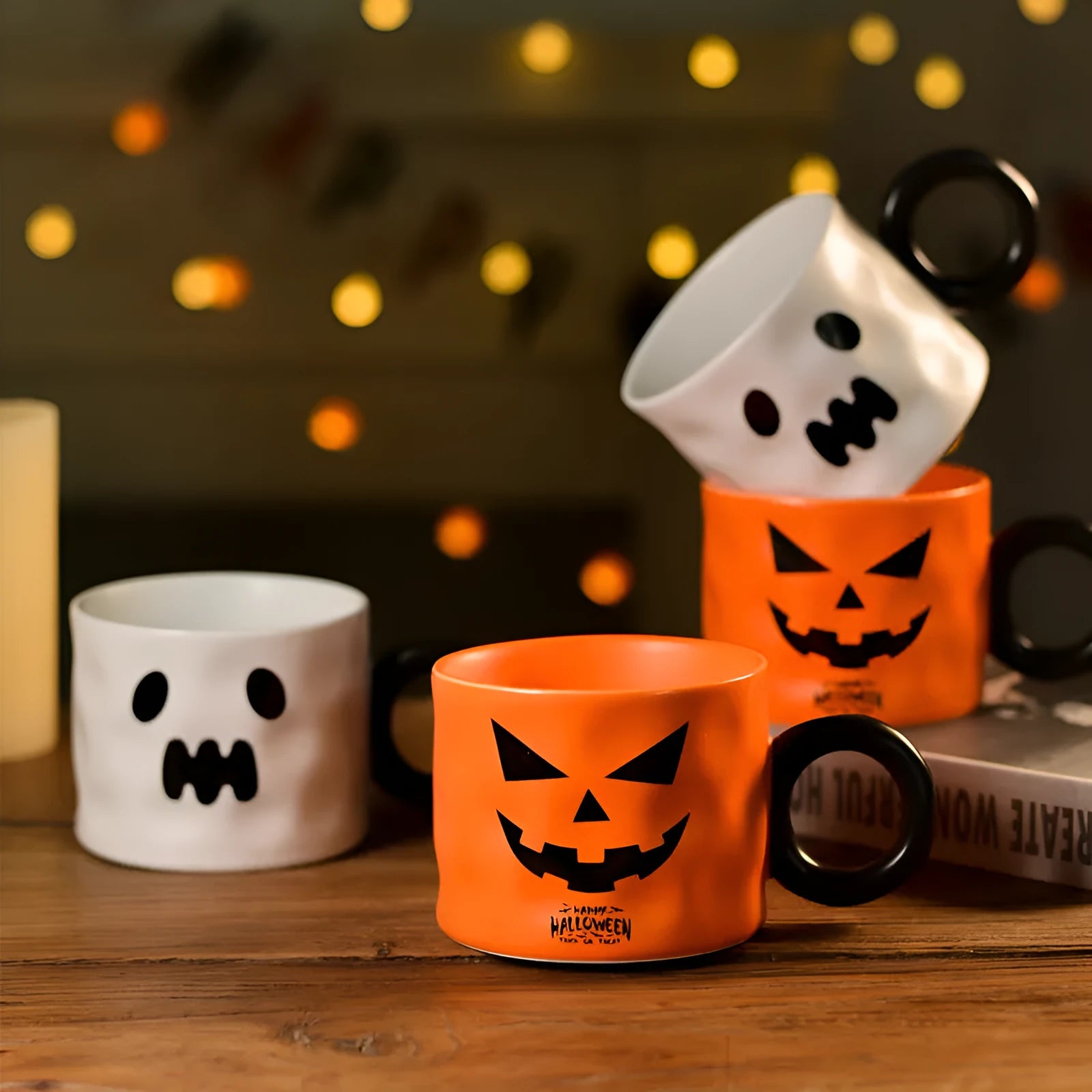 Orange and white Halloween pumpkin-shaped ceramic mug with handle on a table.