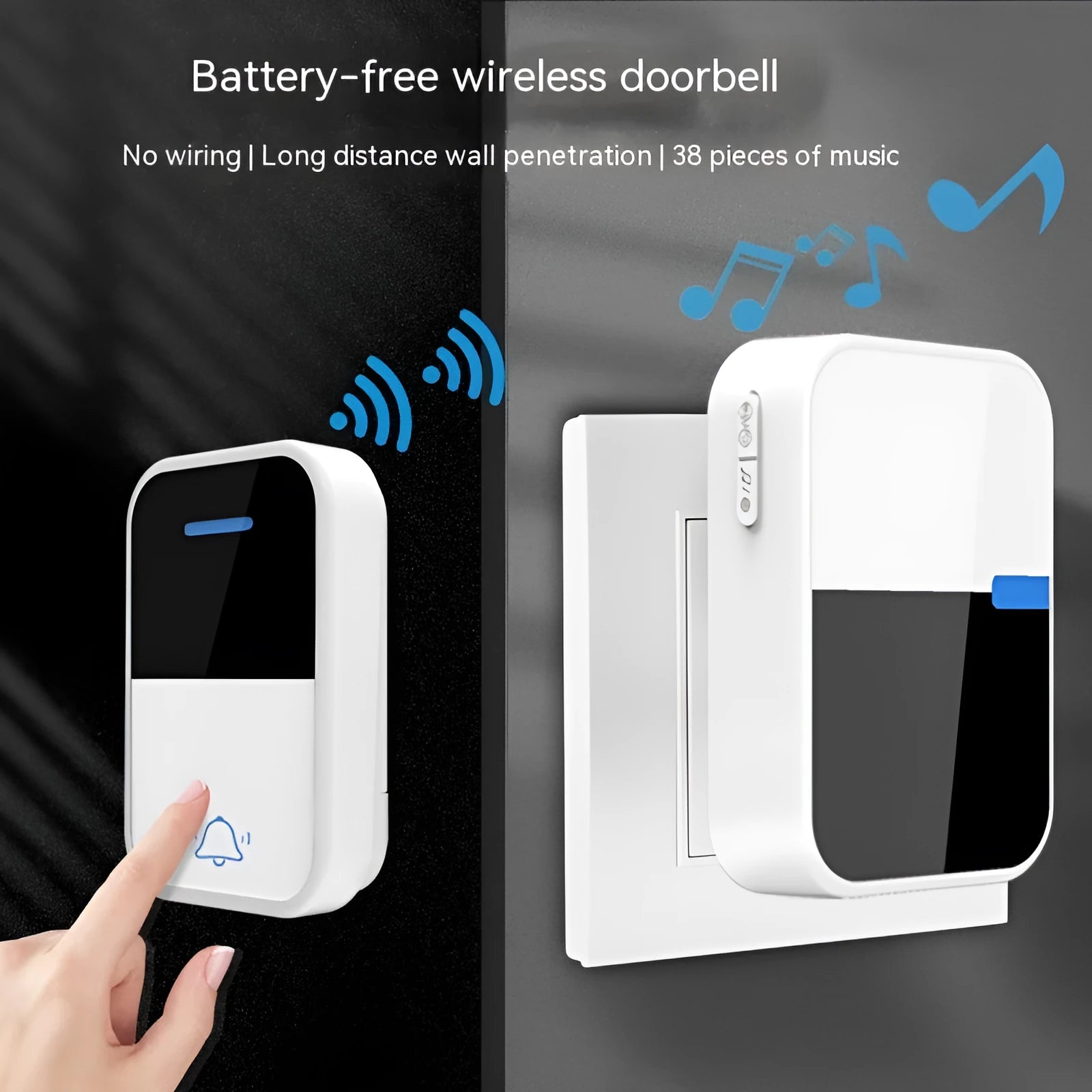 White self-generating wireless doorbell kit with plug-in receiver and compact outdoor transmitter.