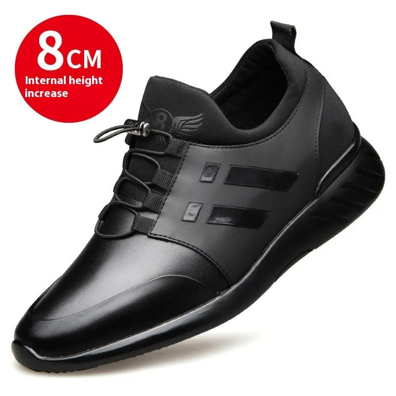 Men's black casual sneakers with round toe and low-top design for invisible height increase.