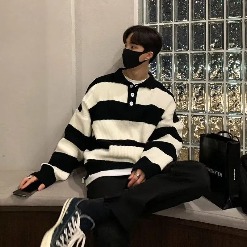Men's loose fit striped pullover sweater coat in black and grey colours