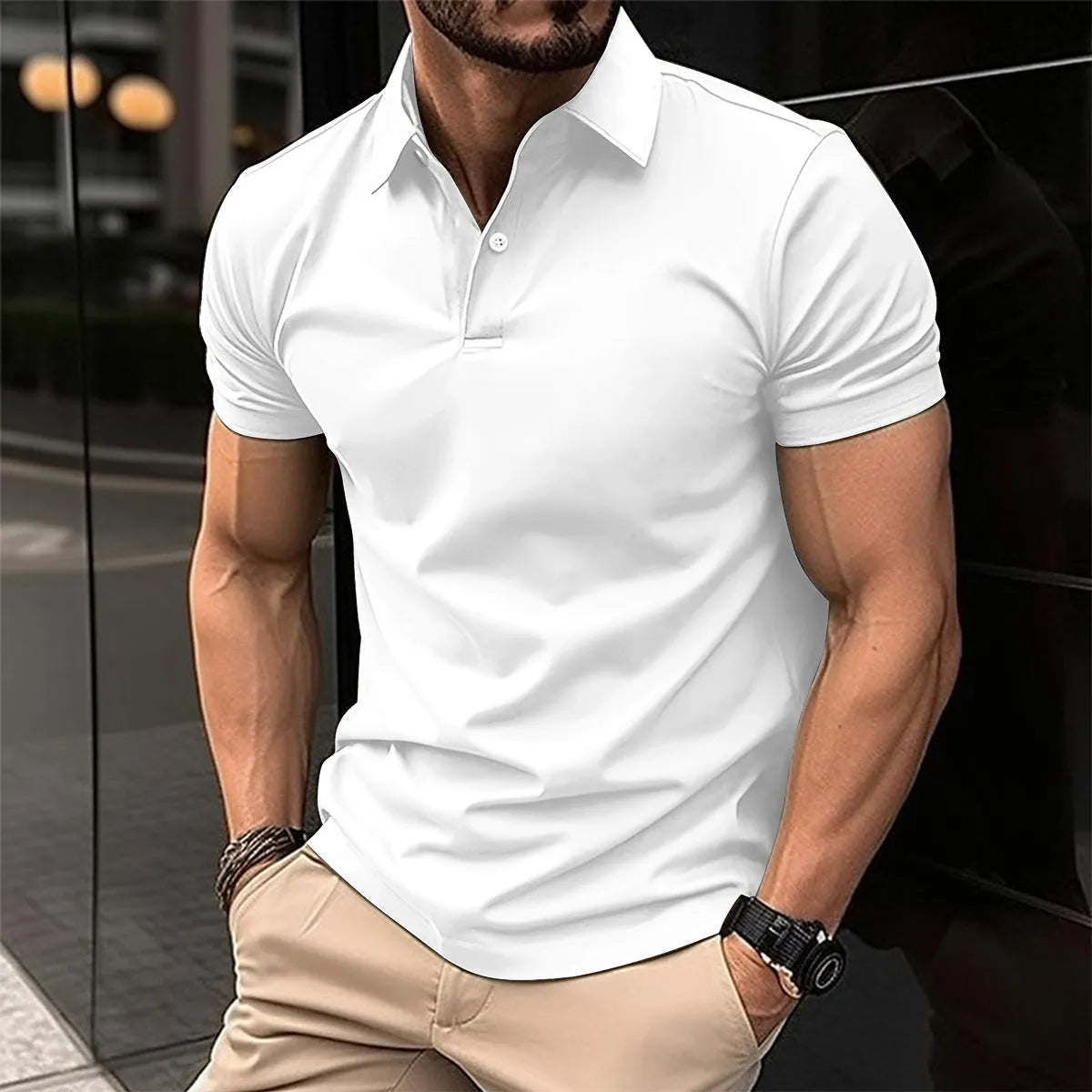 Men's solid colour cotton blend polo shirt with button lapel collar and short sleeves