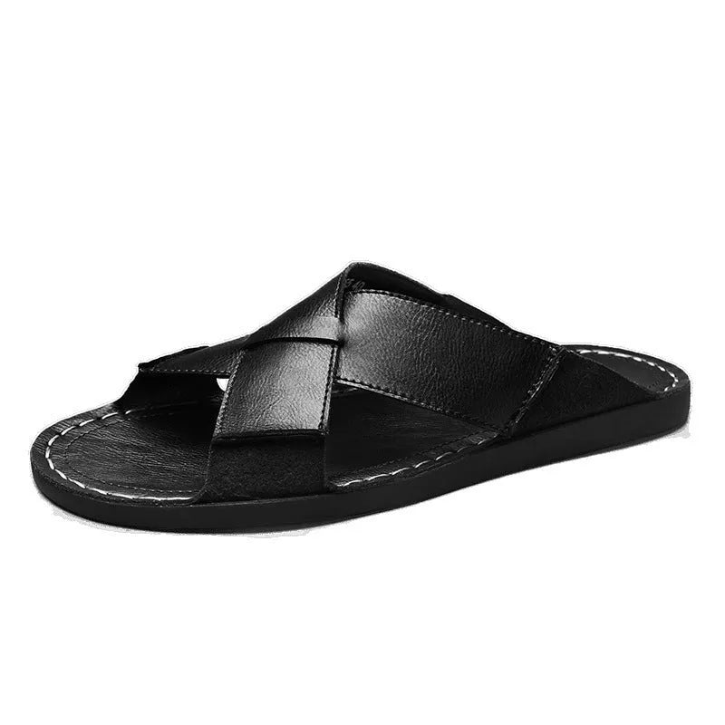 Men's genuine leather slip-on sandals with rubber soles in black and brown colours