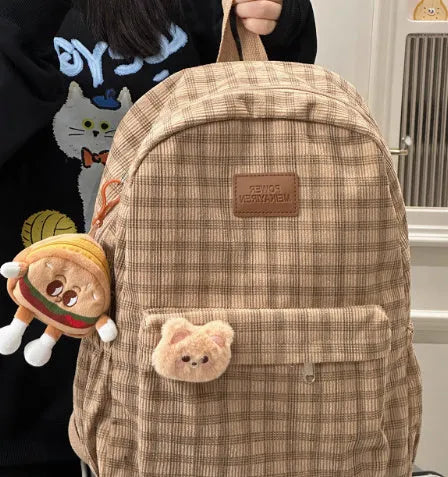 Corduroy checked backpack in khaki with computer pocket, 42x30x15cm, retro campus style