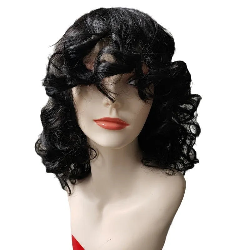 Women's black synthetic Afro wig with long curly hair and high temperature fiber material