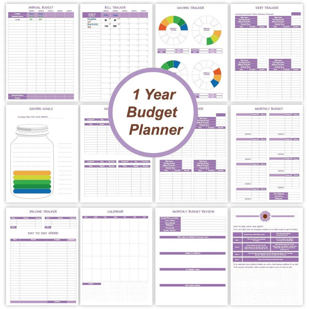 J12 purple coil-bound budget book open showing Daolin paper pages with financial tracking stickers and paper clips
