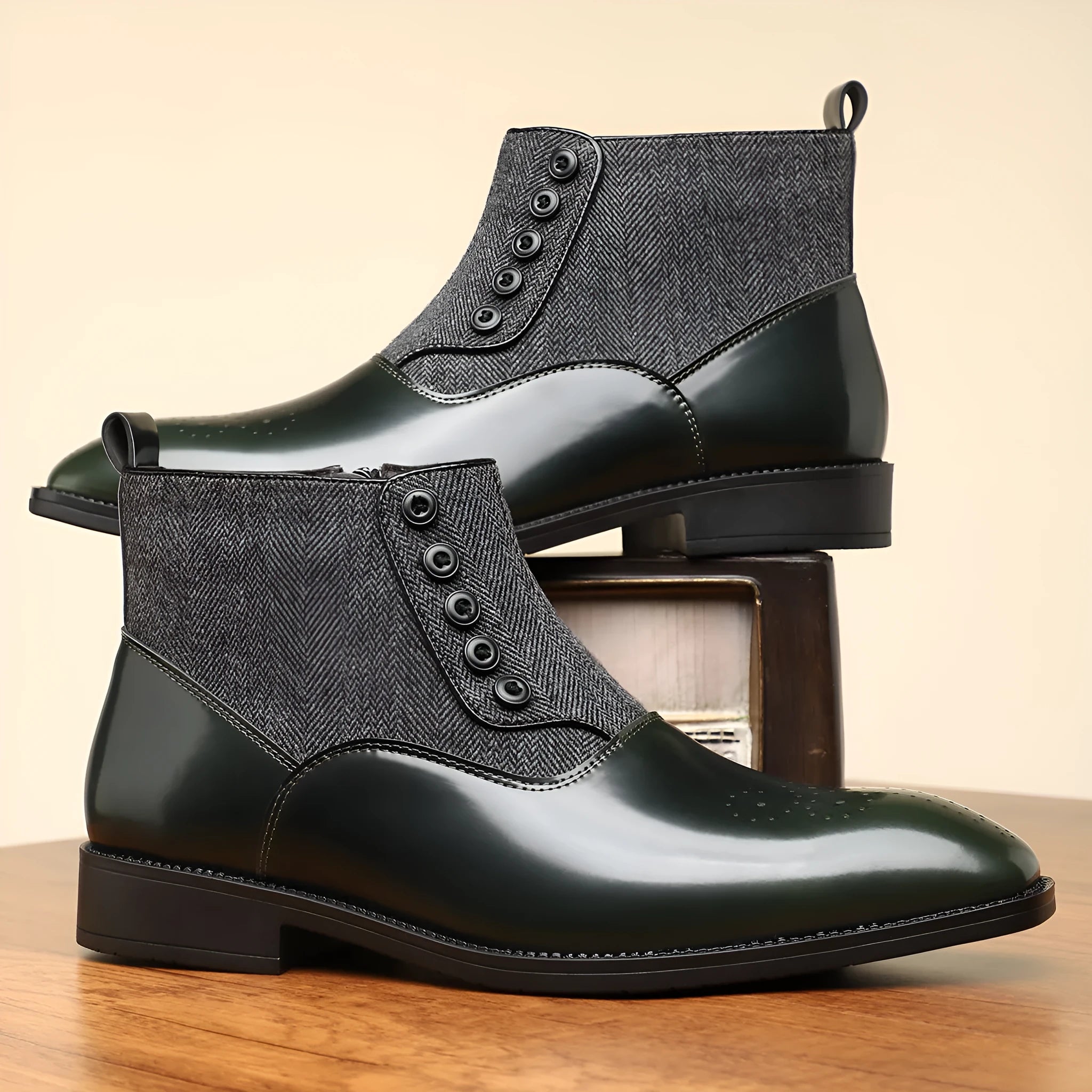 Brown retro men's formal shoe with side zipper, embossed texture, square toe, and low square heel on a plain background.