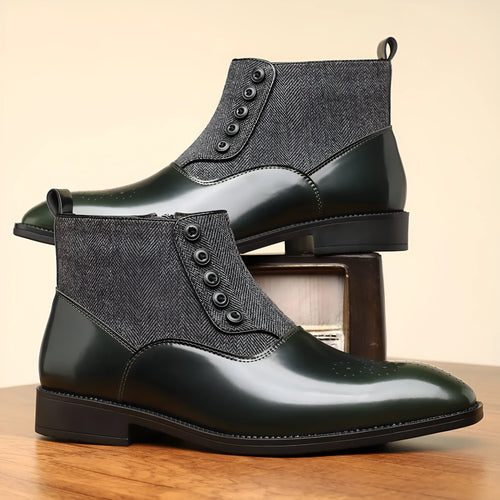 Brown retro men's formal shoe with side zipper, embossed texture, square toe, and low square heel on a plain background.