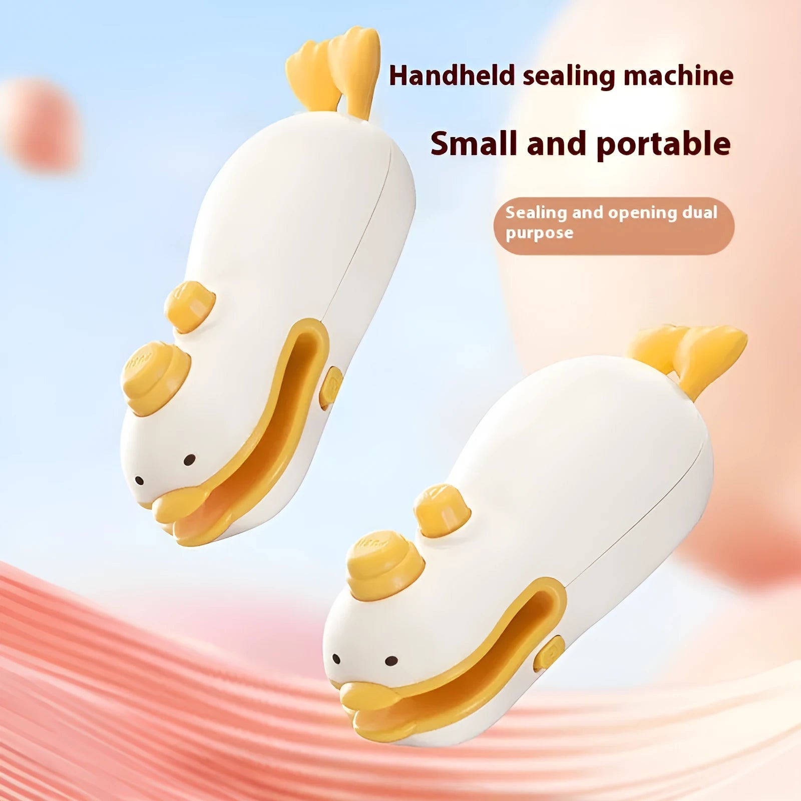 Small yellow rechargeable sealing machine with animal jacquard pattern and charging cable.