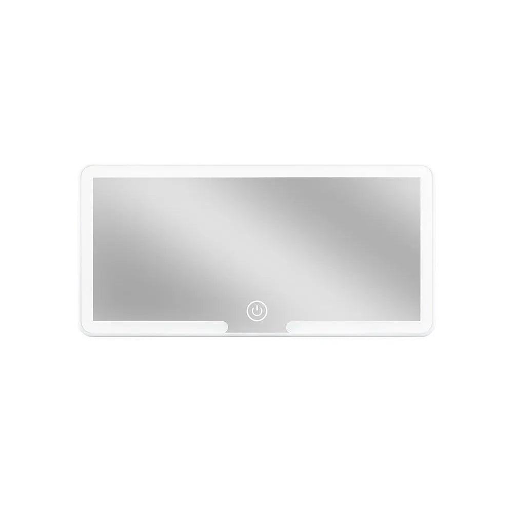 Black automotive sun visor makeup mirror with LED light and dimming control, shown with data cable