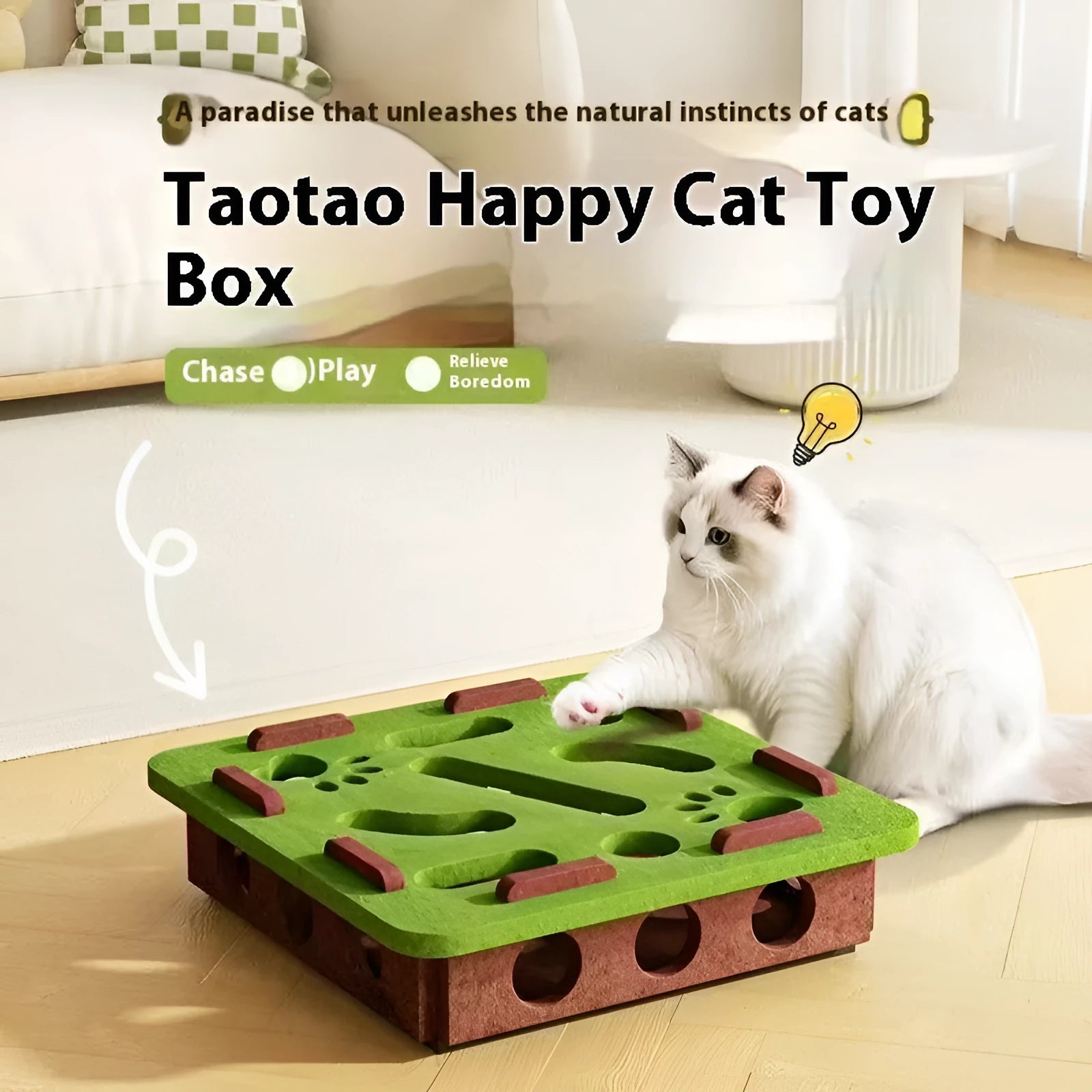 Square green brown felt cat puzzle box toy with a circular hole, shown next to a cat.