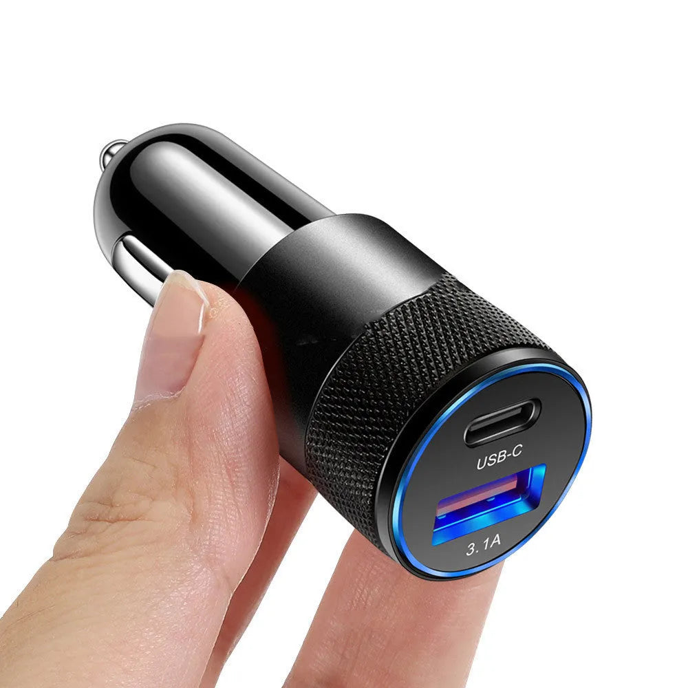 Aluminium alloy mobile phone car charger in black or black silver with compact 2.5x6cm dimensions