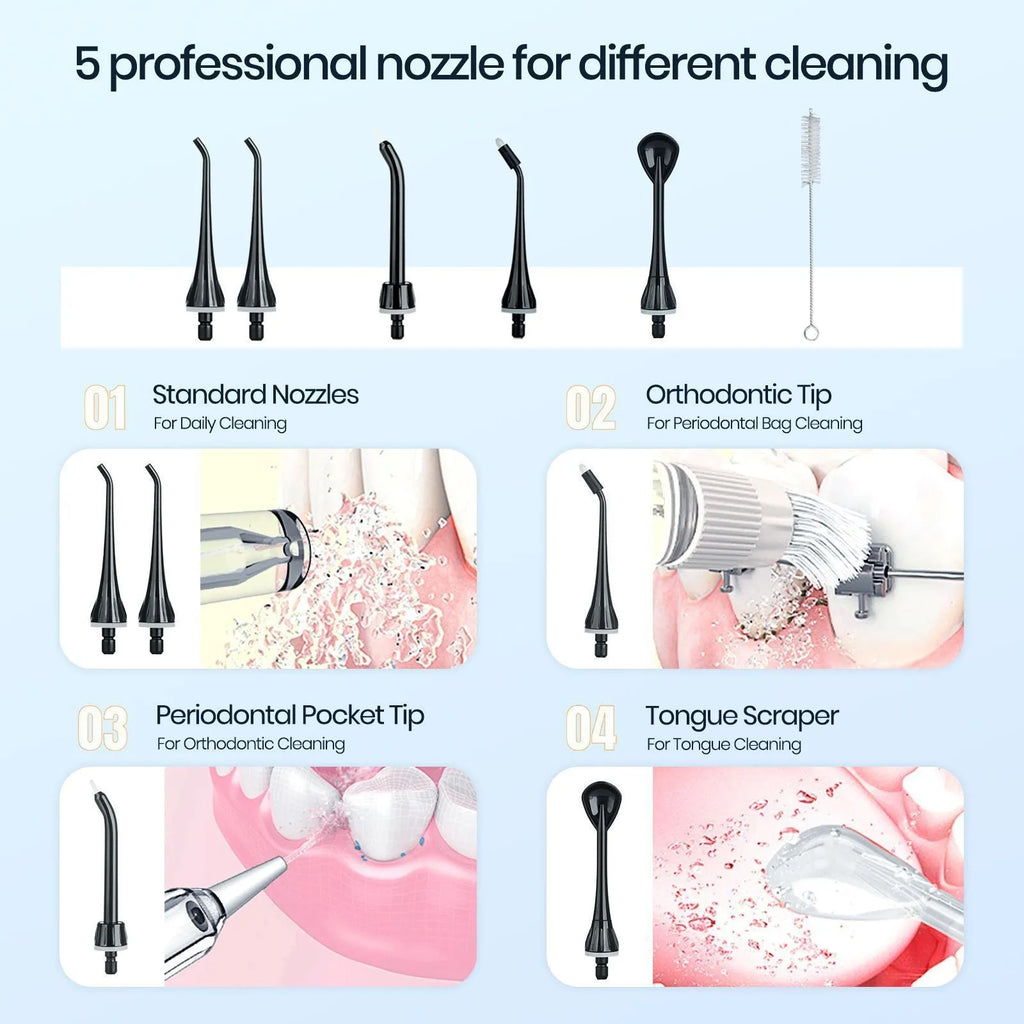 Black Prooral Mornwell portable oral irrigator with water tank and nozzle for dental cleaning.