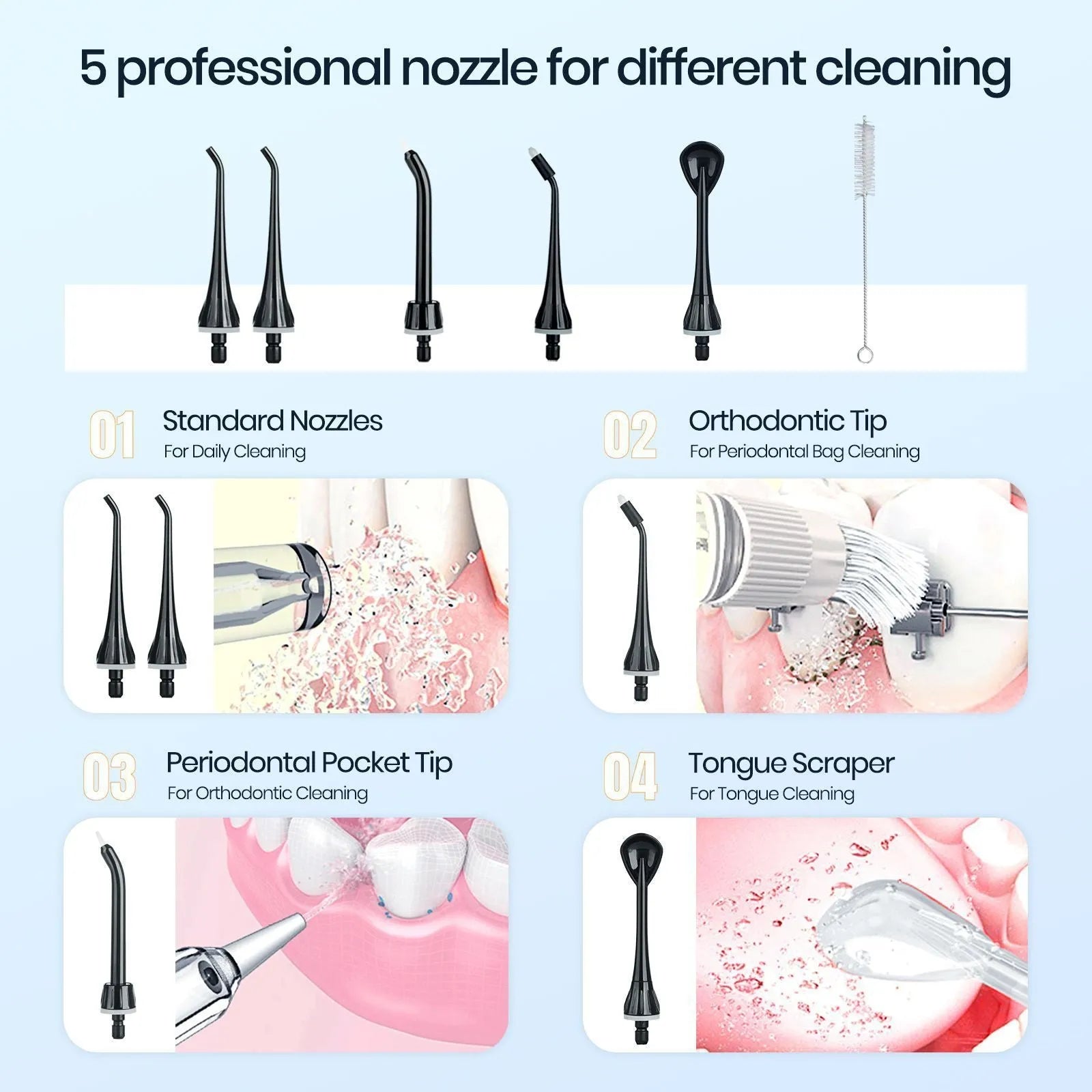 Black Prooral Mornwell portable oral irrigator with water tank and nozzle for dental cleaning.