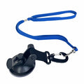 Pet bath restraint kit with four blue suction cup handcuffs and a connecting rope on bathroom tiles.