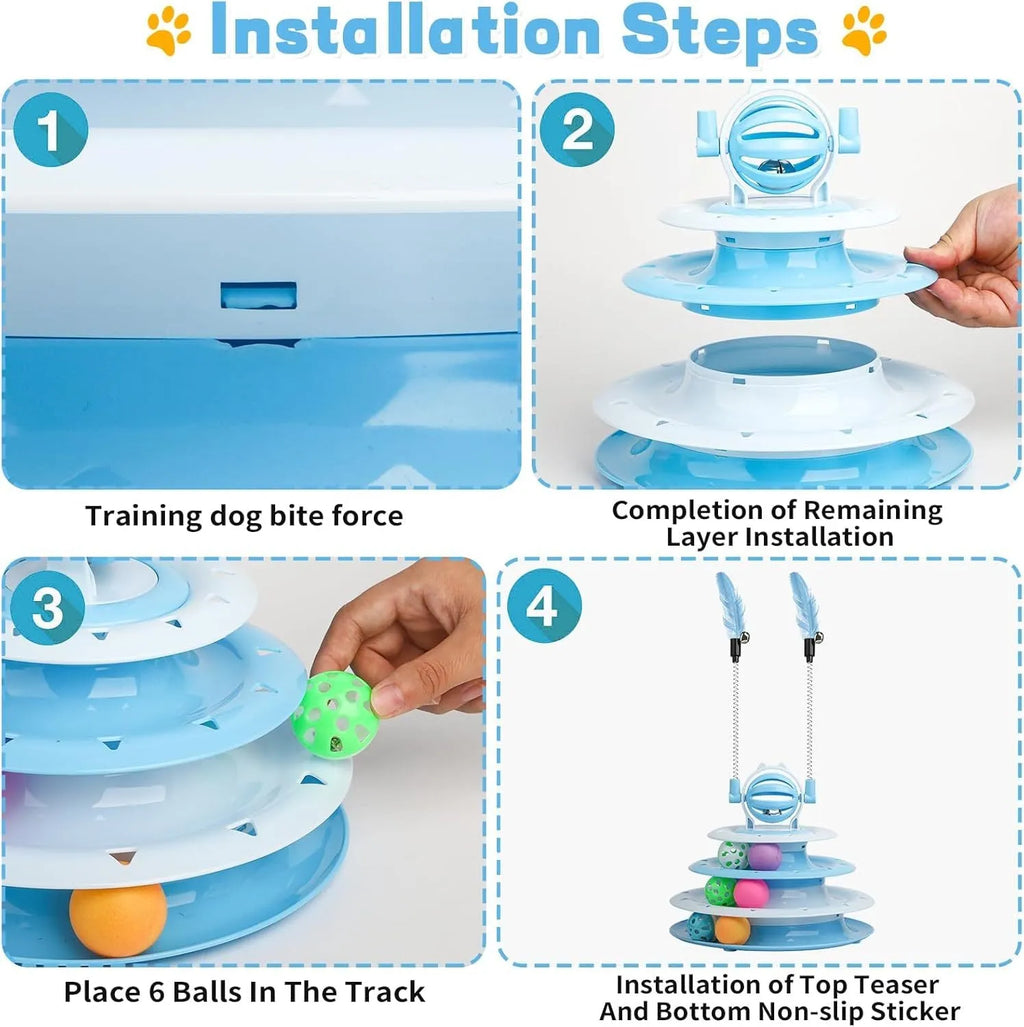 Blue 4-tier interactive cat toy carousel with balls and teasing rods