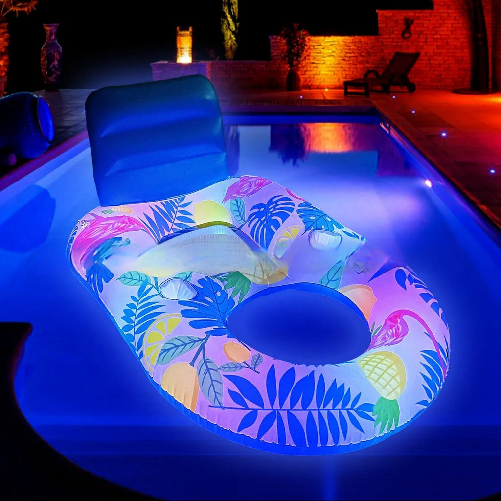 White luminous inflatable floating bed with backrest in swimming pool