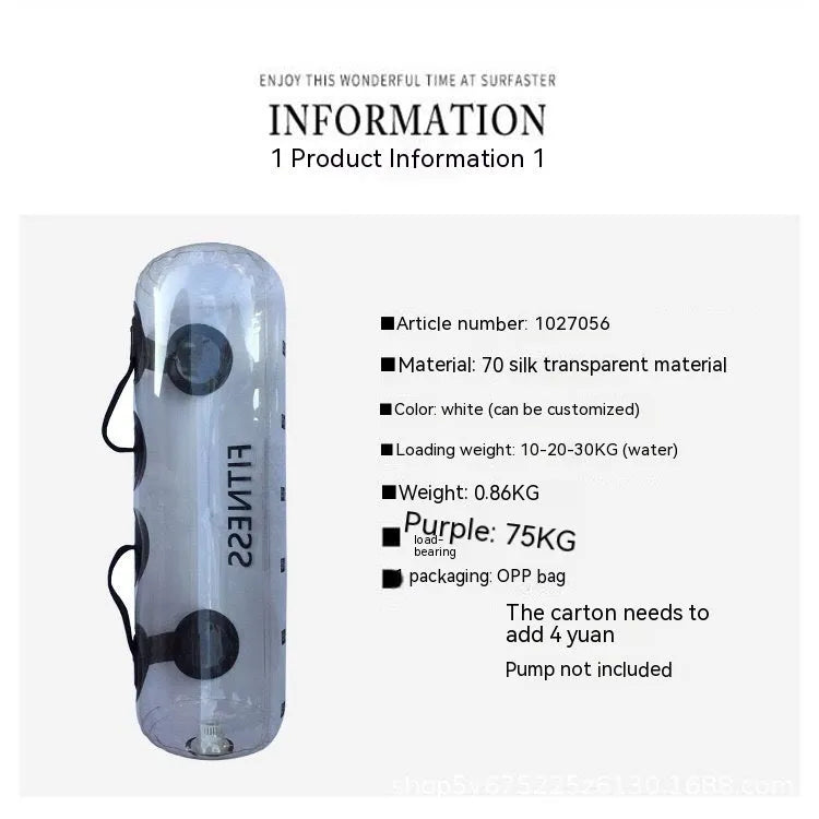 Transparent PVC inflatable water bag for weight training, showing fill valve.