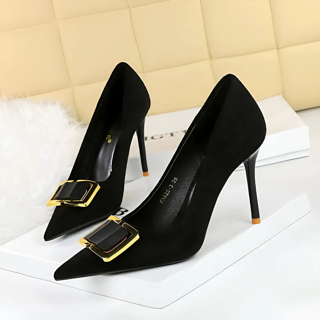Black suede women's high heel shoes with a pointed toe and a 9cm stiletto heel.
