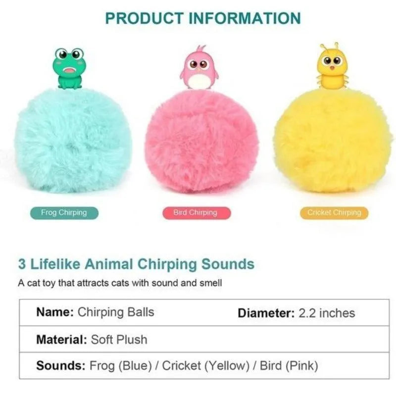 Interactive cat toy ball in blue, pink, or yellow with 55mm diameter and animal sound activation