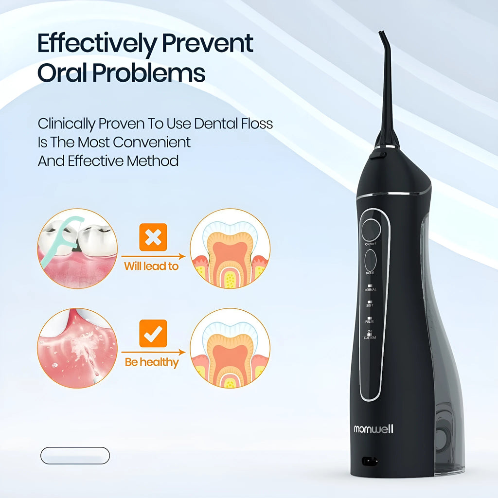 Black Prooral Mornwell portable oral irrigator with water tank and nozzle for dental cleaning.