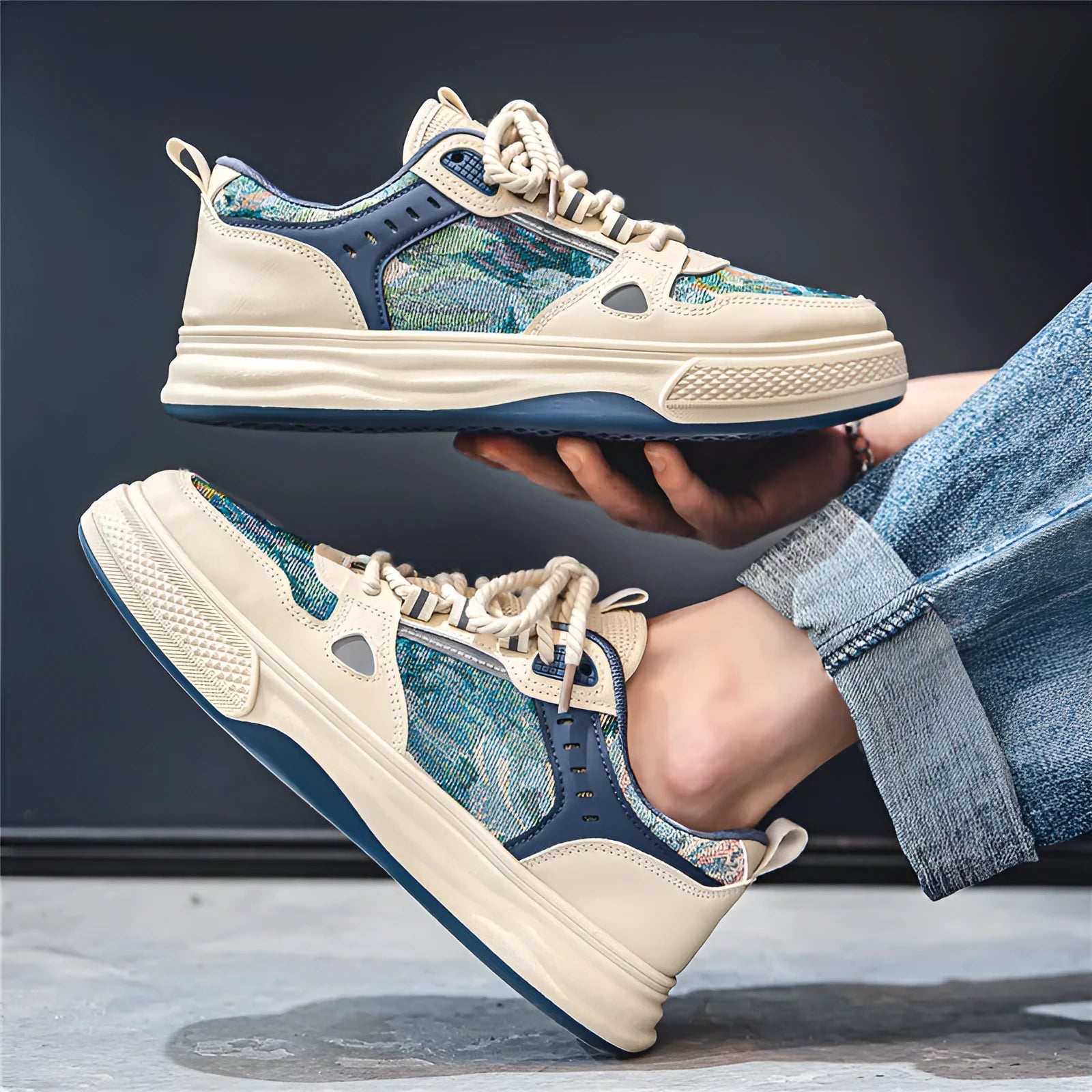 Men's canvas casual shoes in Milan green and beige colours with flat heel and round toe design
