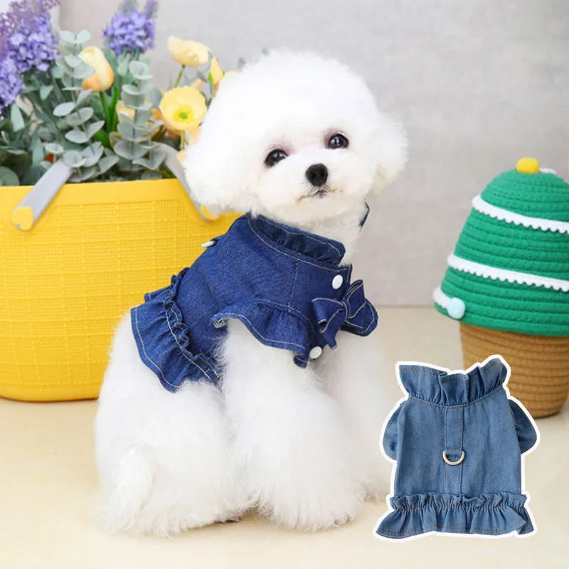 Blue denim dog dress vest with ruffle trim and back leash hook for small dogs